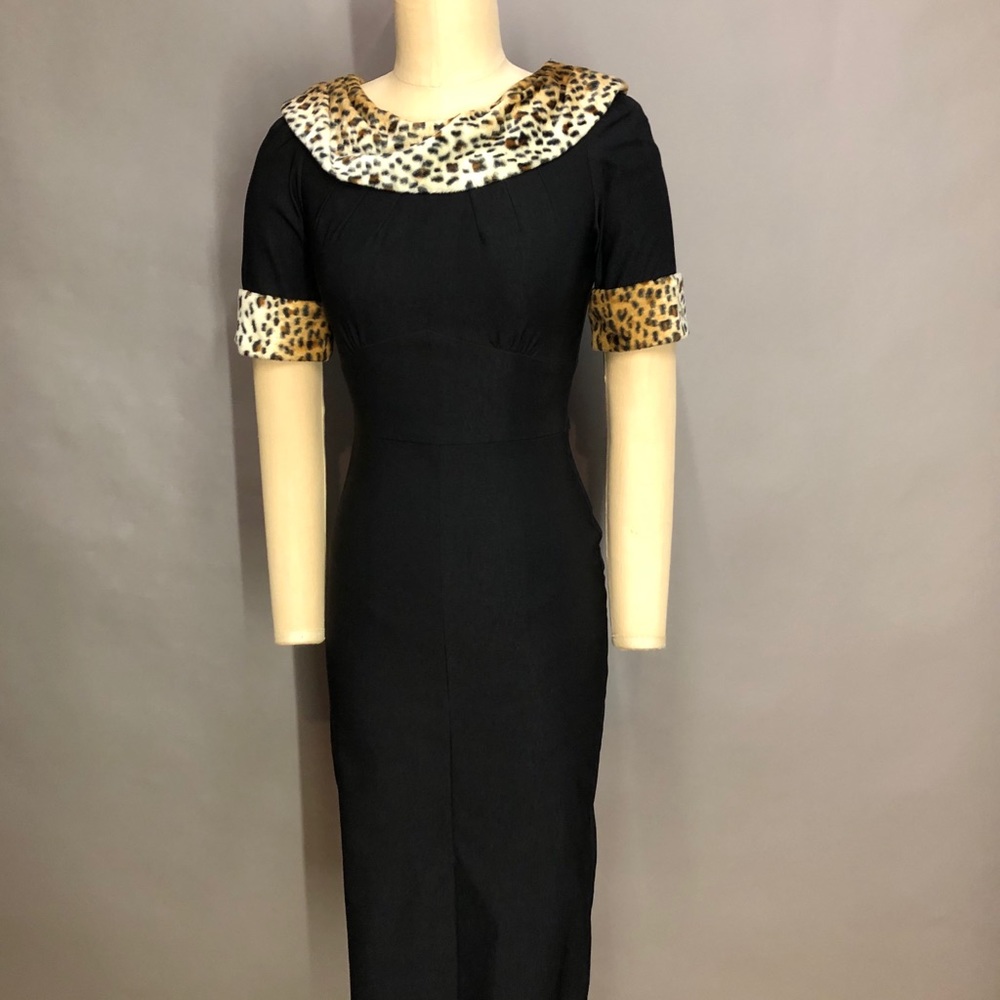 Stop Staring black with faux fur trim wiggle dress